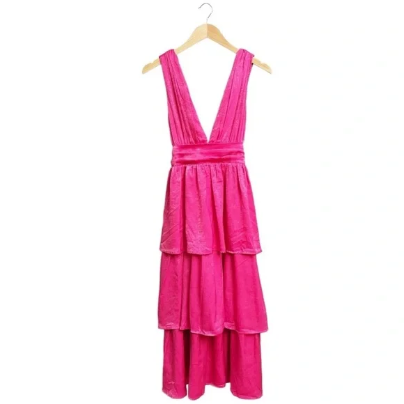 NWT Lulus Peak Party Vibe Satin Tiered Tie Midi Dress Hot Pink - Picture 4 of 8